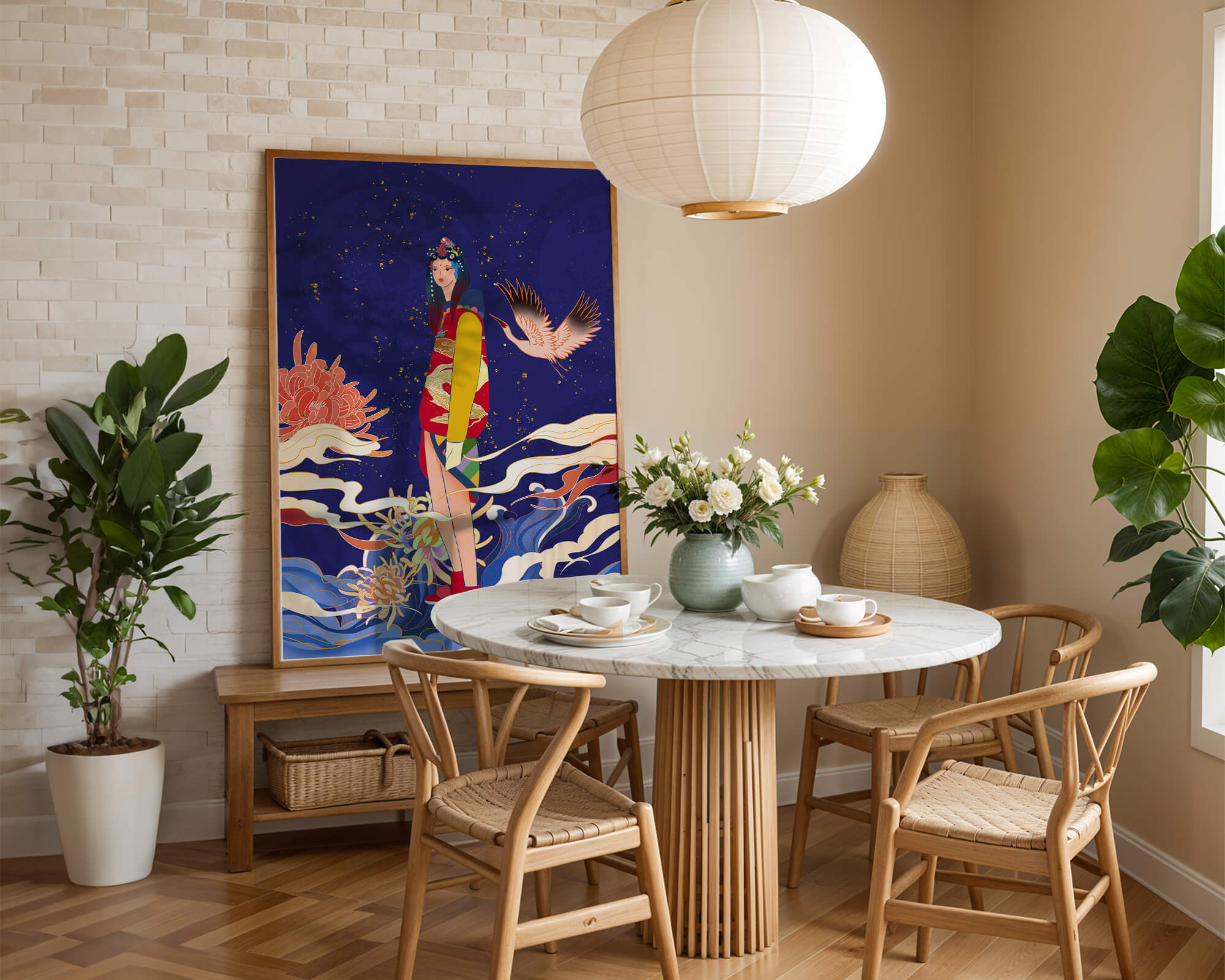 Elegant fusion of traditional and modern art with floral and avian elements