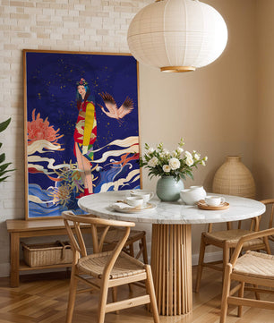 Fusion élégante d’art traditionnel et moderne avec des éléments floraux et aviaires