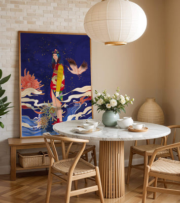Elegant fusion of traditional and modern art with floral and avian elements