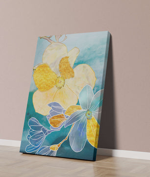 Arte floral abstracto con detalles dorados y tonos azules