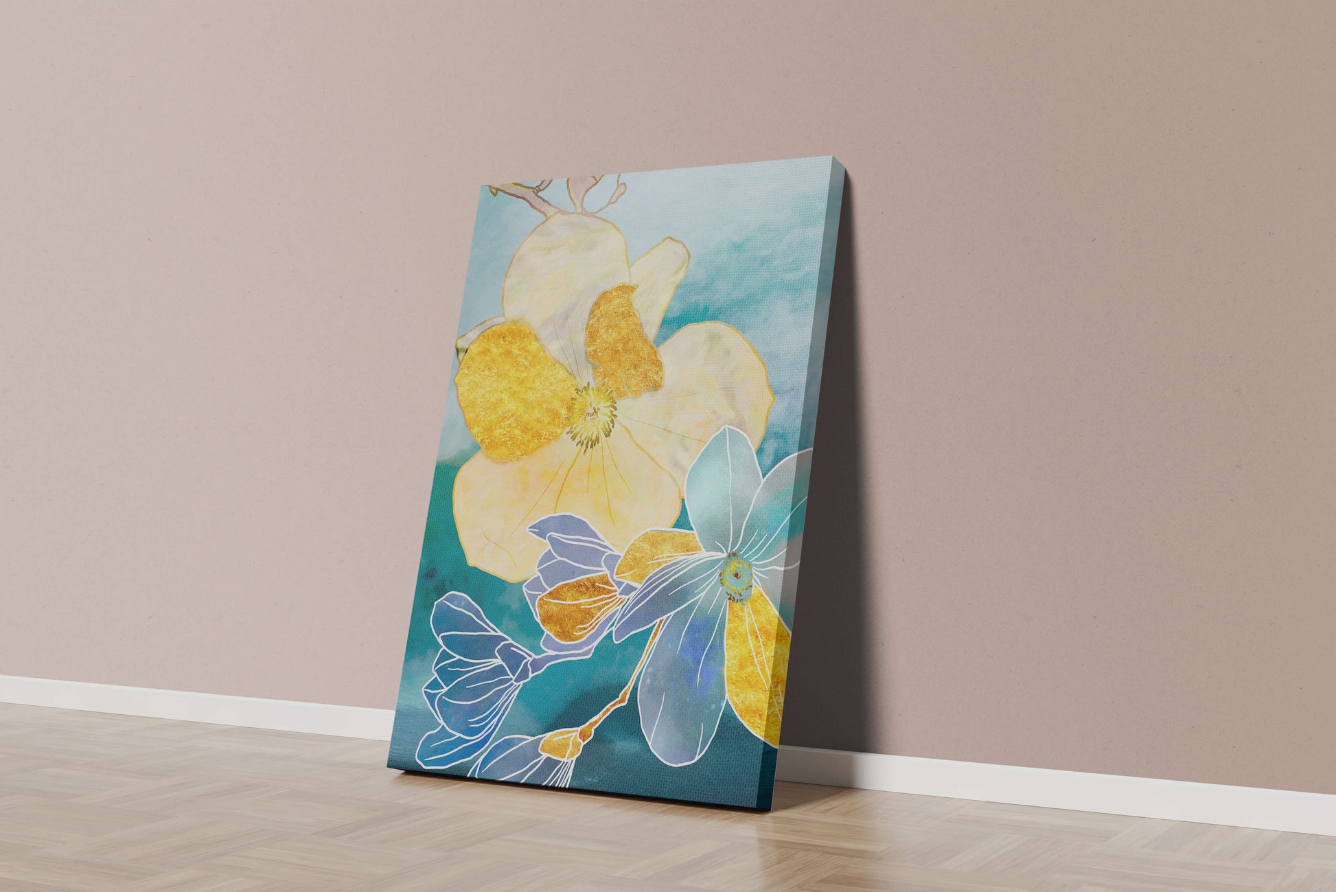 Arte floral abstracto con detalles dorados y tonos azules