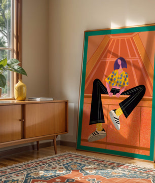 Stylish woman sitting in a vibrant geometric setting