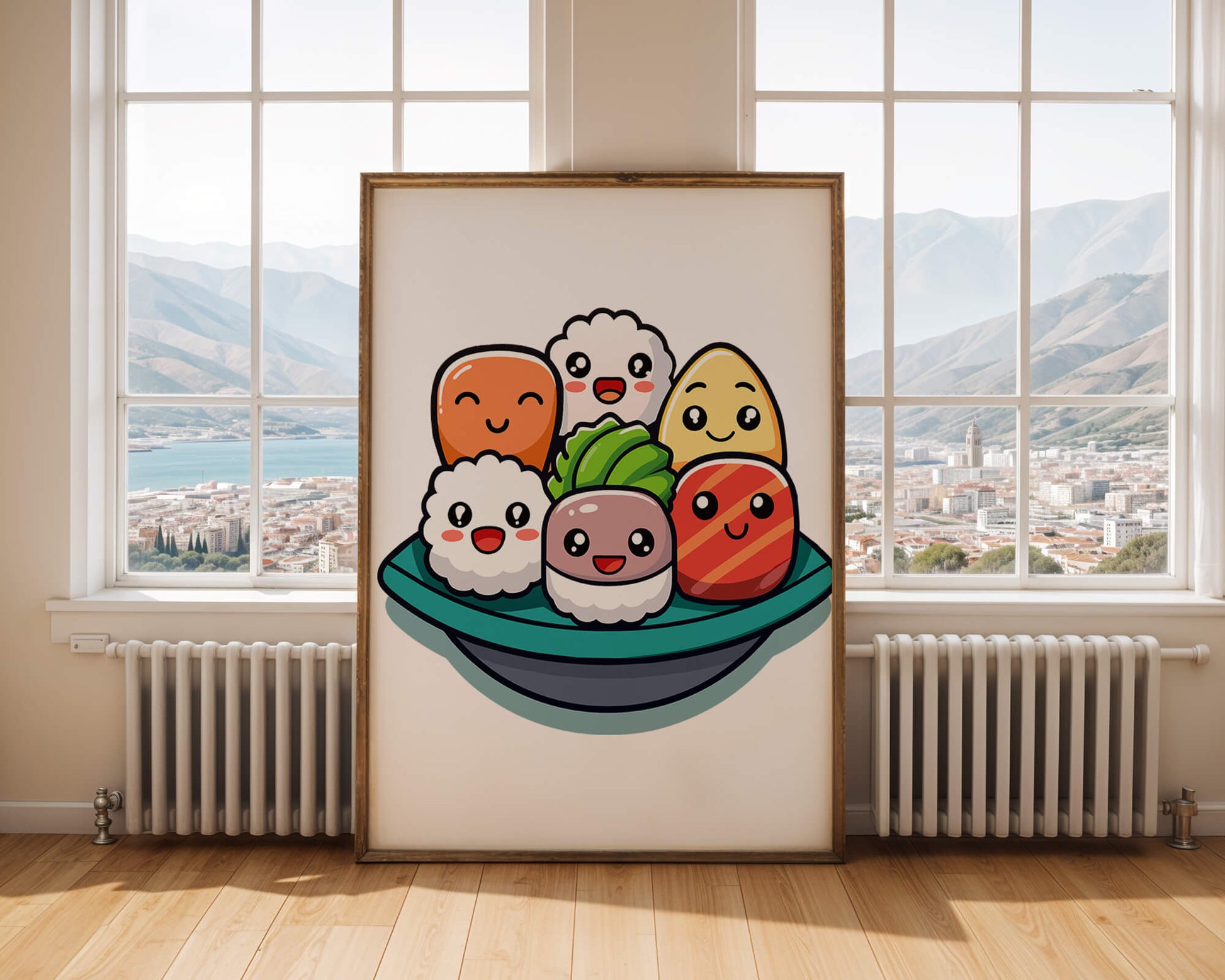 Adorable cartoon sushi characters in a bowl illustration