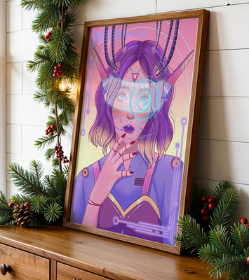 Futuristic digital art featuring a cybernetic woman with a holographic interface