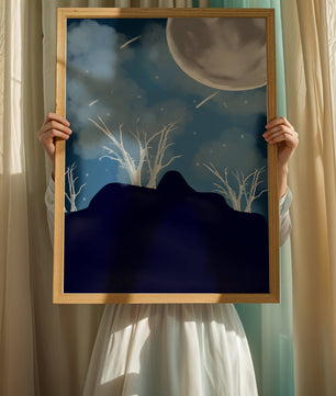Paysage nocturne d'hiver avec arbres nus et pleine lune