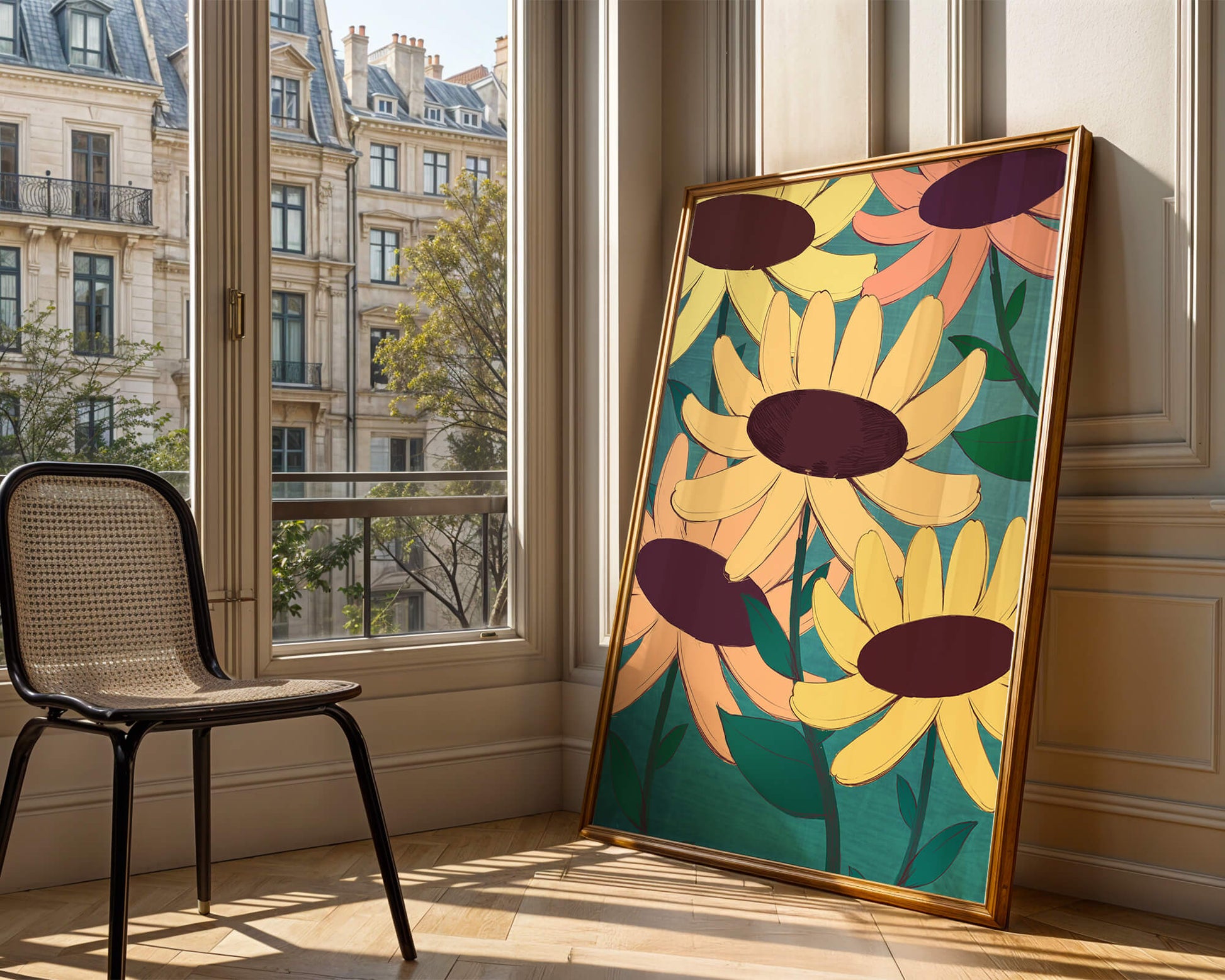 Ilustración floral con margaritas amarillas y naranjas sobre fondo turquesa