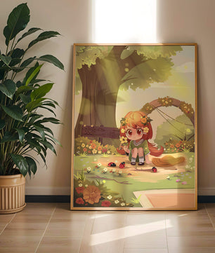 Charming anime-style scene with young girl, flowers, and nature background