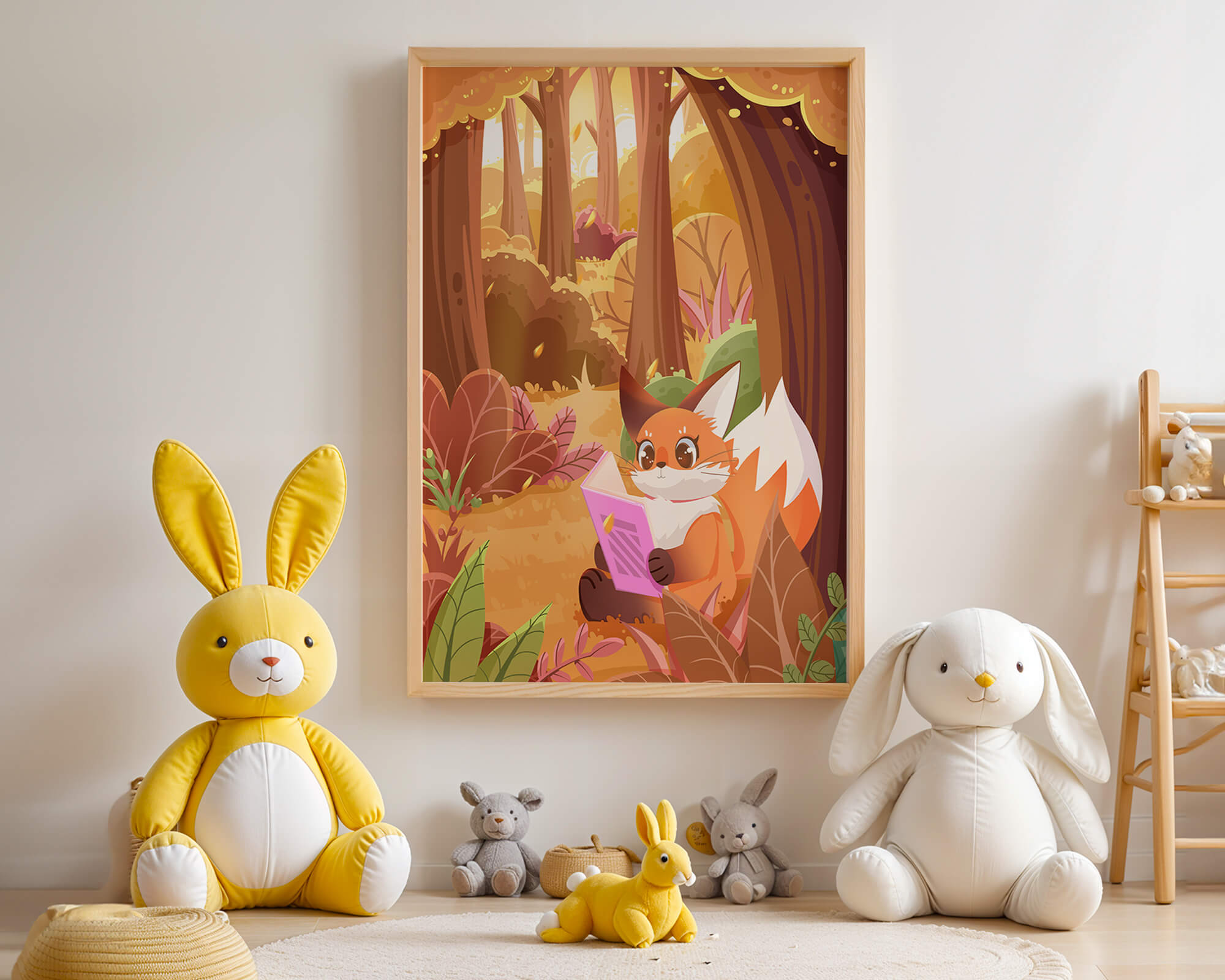 Fox reading a book in a whimsical autumn forest