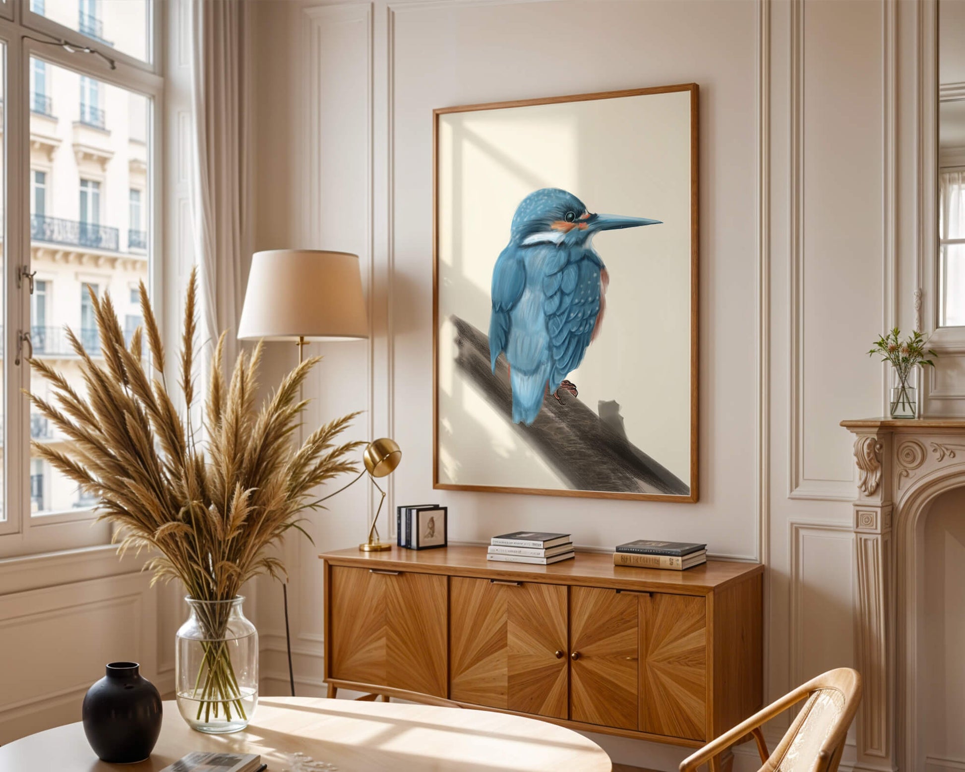 Illustration of a vibrant blue bird on a branch