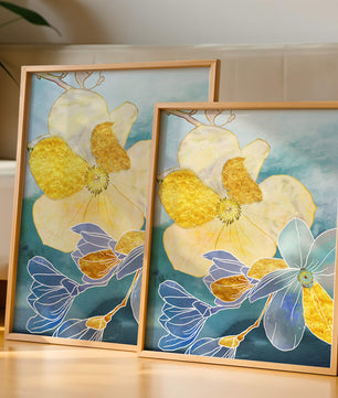 Abstract Floral Art with Golden Accents on Blue Background