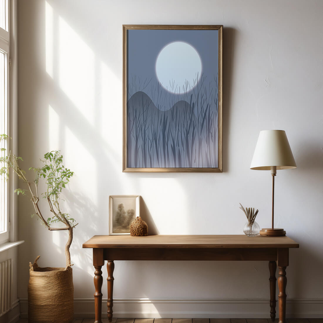 Ruhige Nachtlandschaft mit Vollmond und kahlen Bäumen