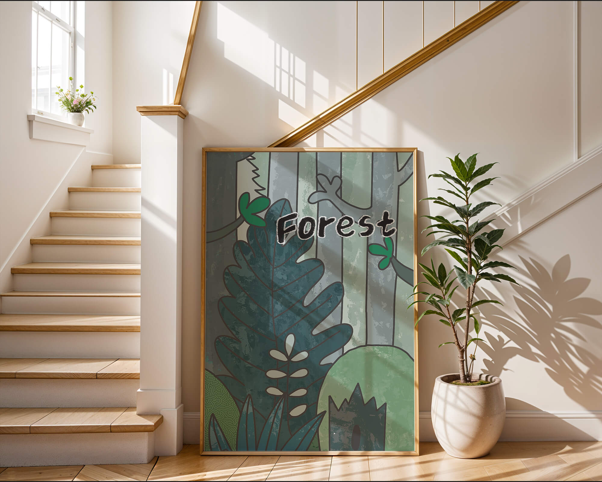 Illustrated forest scene with foliage and text