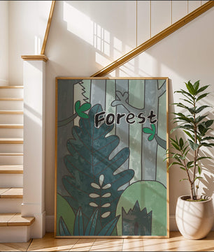 Illustrated forest scene with foliage and text