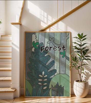 Illustrated forest scene with foliage and text