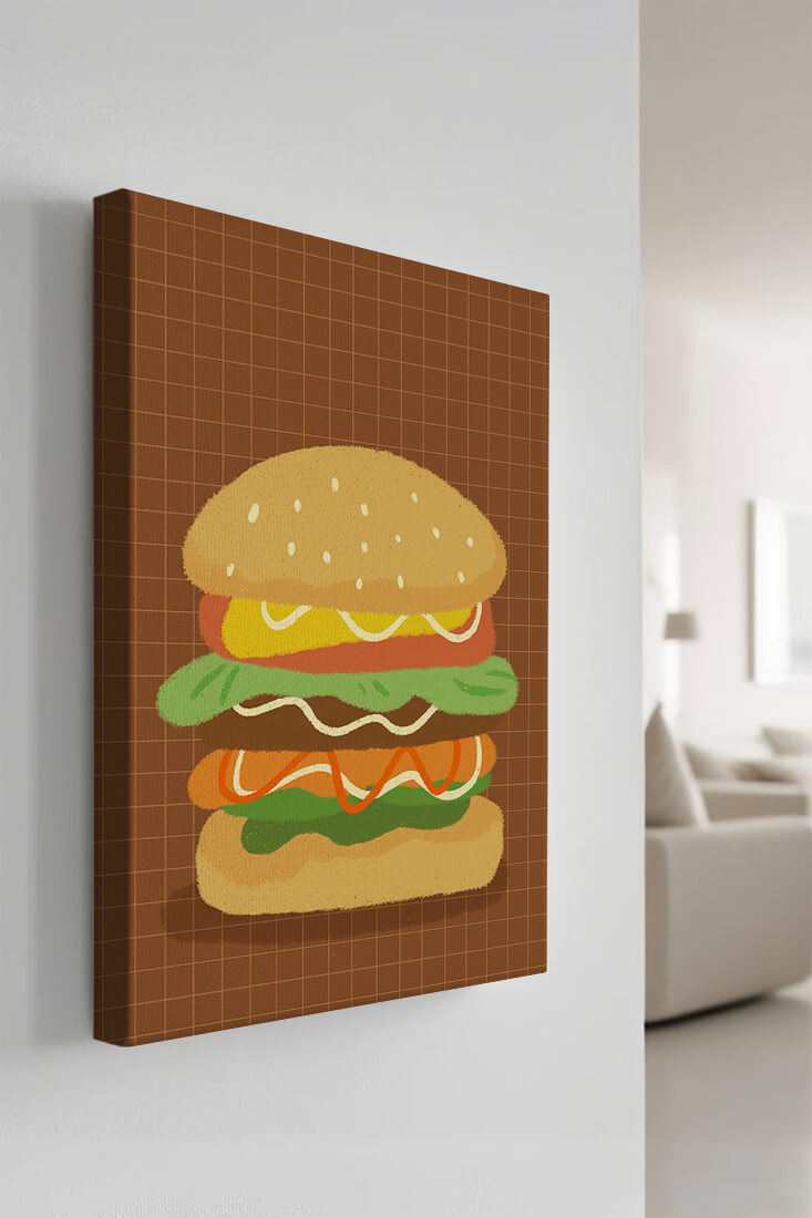 Illustrated cheeseburger with colorful layers on a grid background