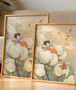 Illustration d'une fille sur des fleurs géantes avec des oiseaux volants et de la nourriture