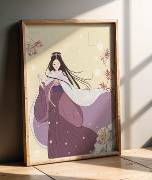 Elegant Woman in Traditional Garment with Snowflakes and Branches