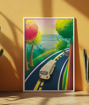 Scenic Road Trip with Vibrant Trees and Sunset