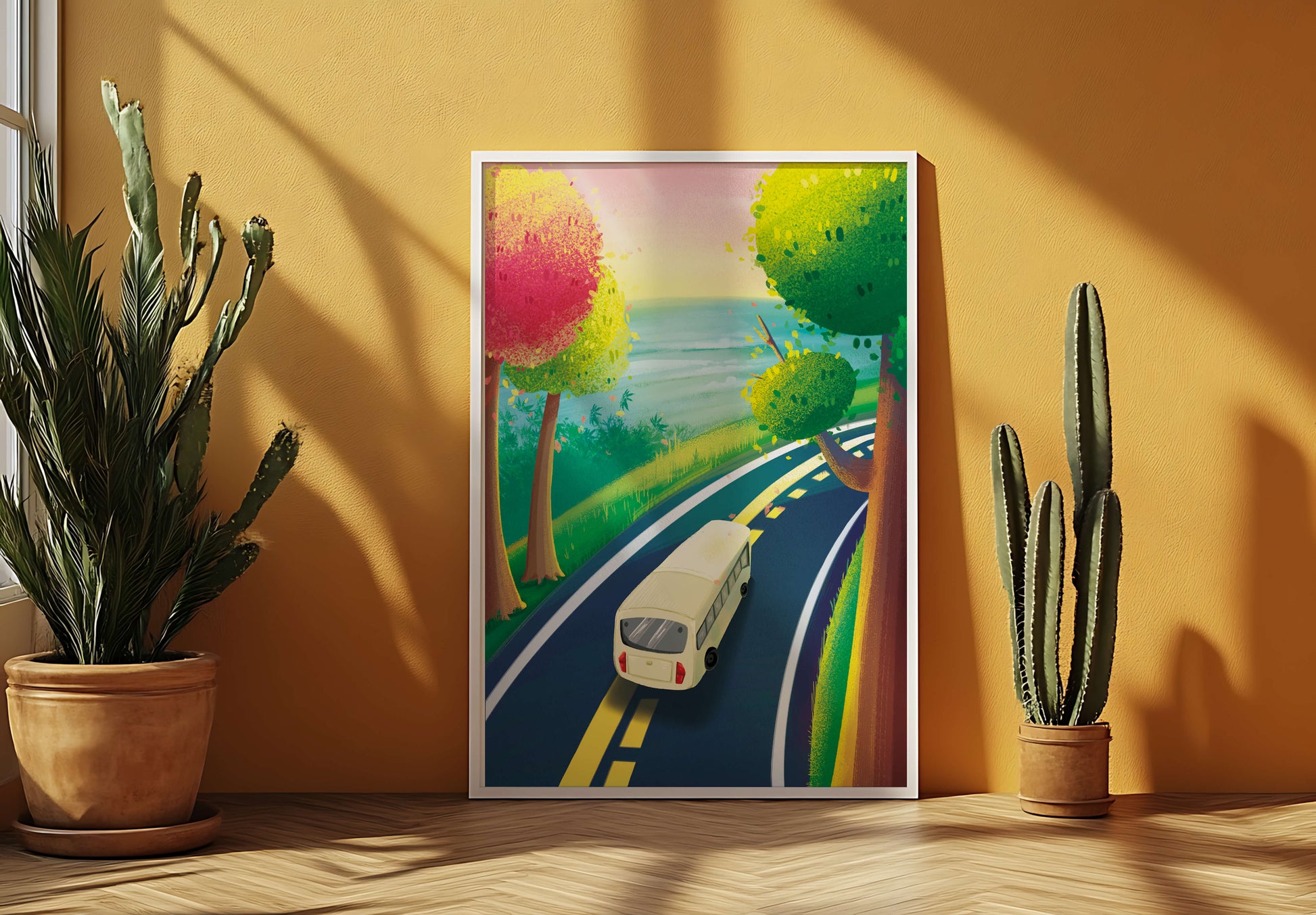 Scenic Road Trip with Vibrant Trees and Sunset