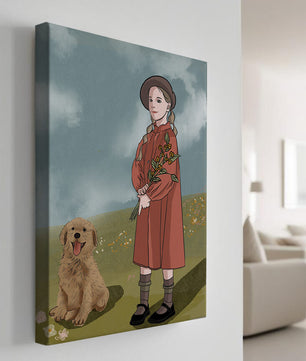 Jeune fille avec des tresses tenant des fleurs à côté d’un chiot heureux dans un champ paisible