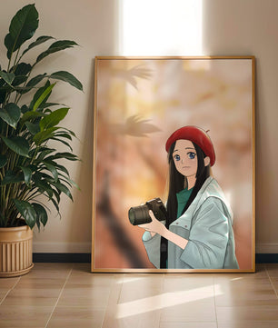 Chica de anime con boina roja sosteniendo una cámara durante el otoño