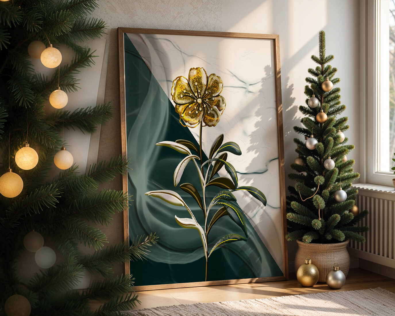 Elegant floral design with gold accents on abstract background