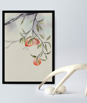 Peaceful Botanical Illustration of Branches with Leaves and Peaches - Mi tienda