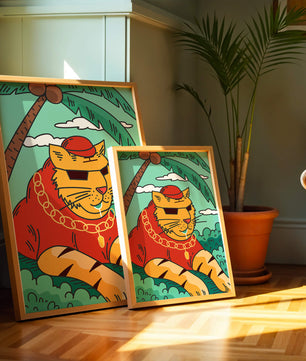 Stylish cartoon tiger lounging under a tropical palm tree with gold accessories