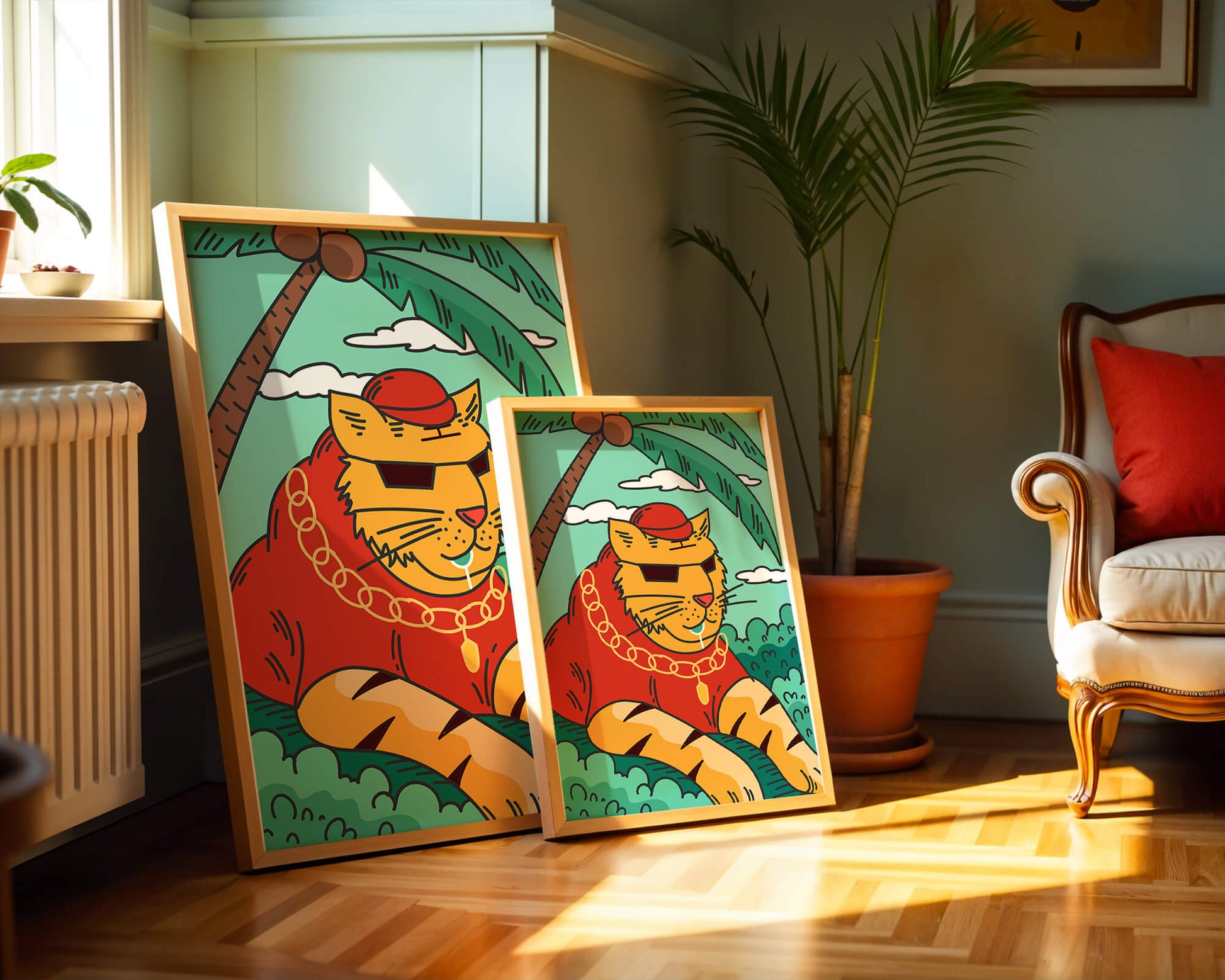 Stylish cartoon tiger lounging under a tropical palm tree with gold accessories