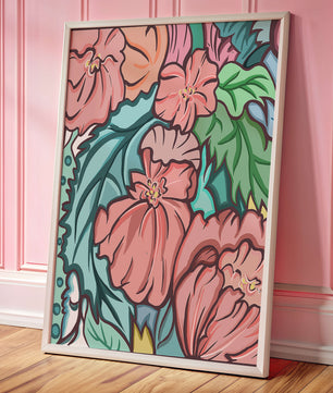 Elegant floral pattern illustration with pink blossoms and green leaves