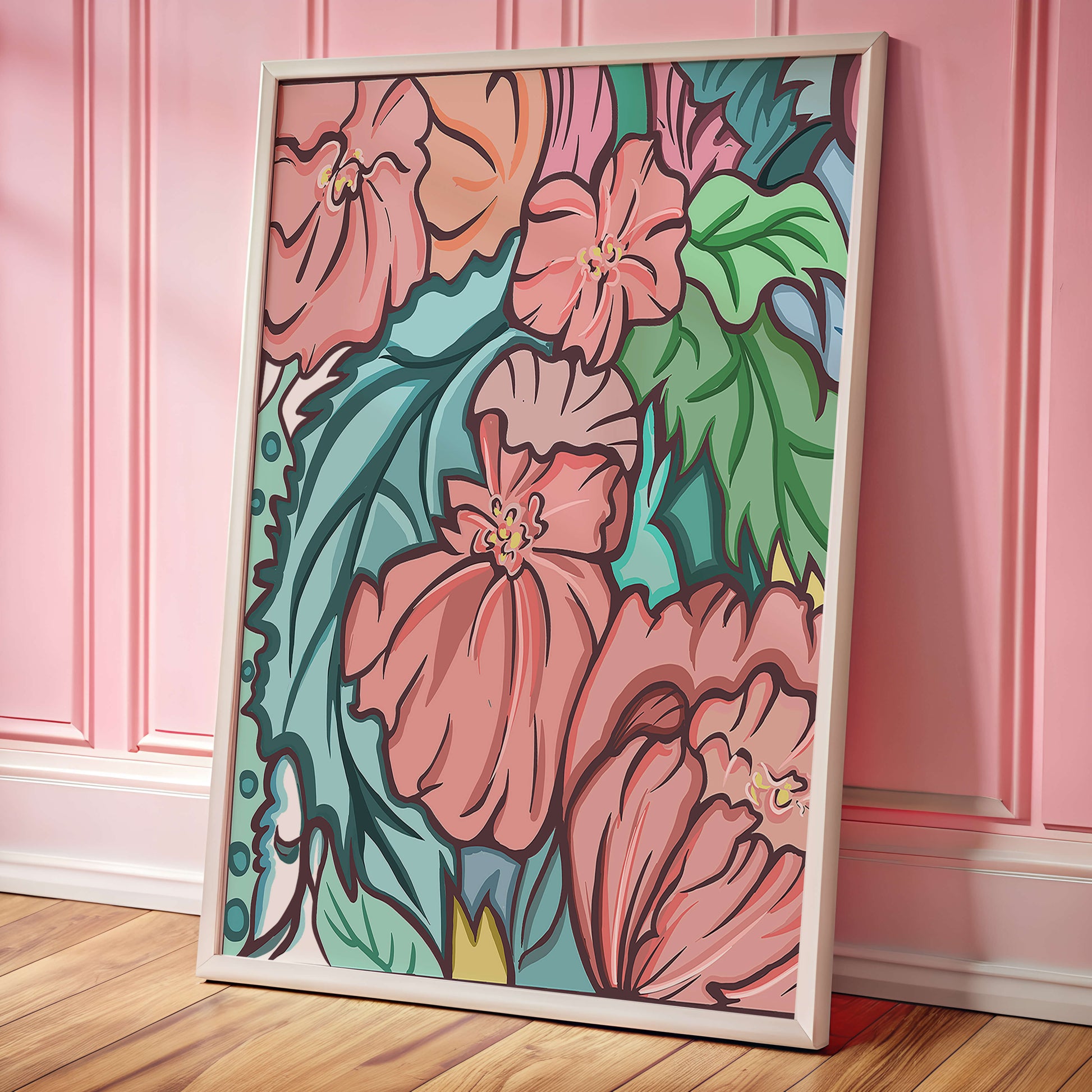 Elegant floral pattern illustration with pink blossoms and green leaves
