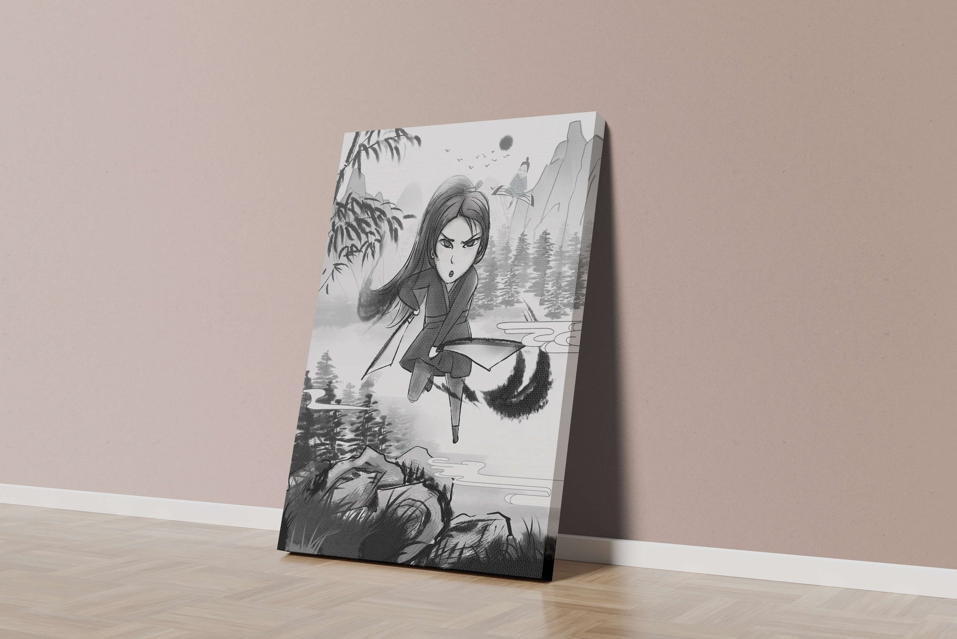 Warrior In A Mystical Landscape With Mountains And Rivers