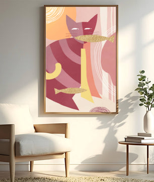 Abstract cat artwork with gold accents and colorful patterns