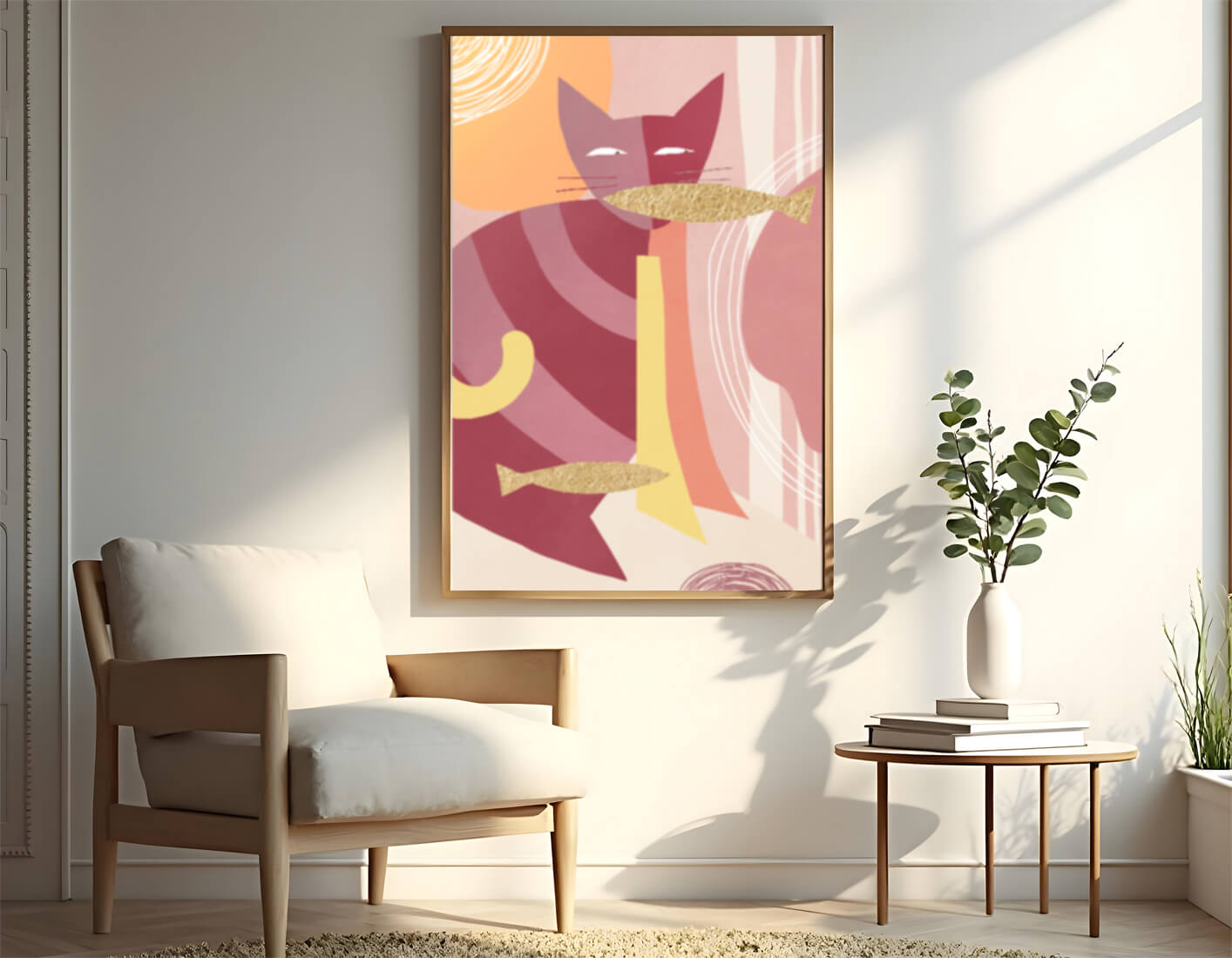 Abstract cat artwork with gold accents and colorful patterns