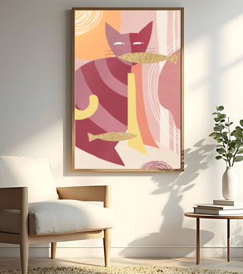 Abstract cat artwork with gold accents and colorful patterns