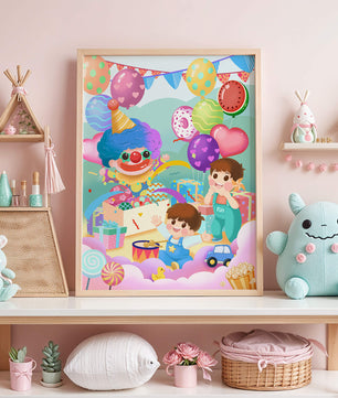 Colorful clown-themed children's party with balloons and toys