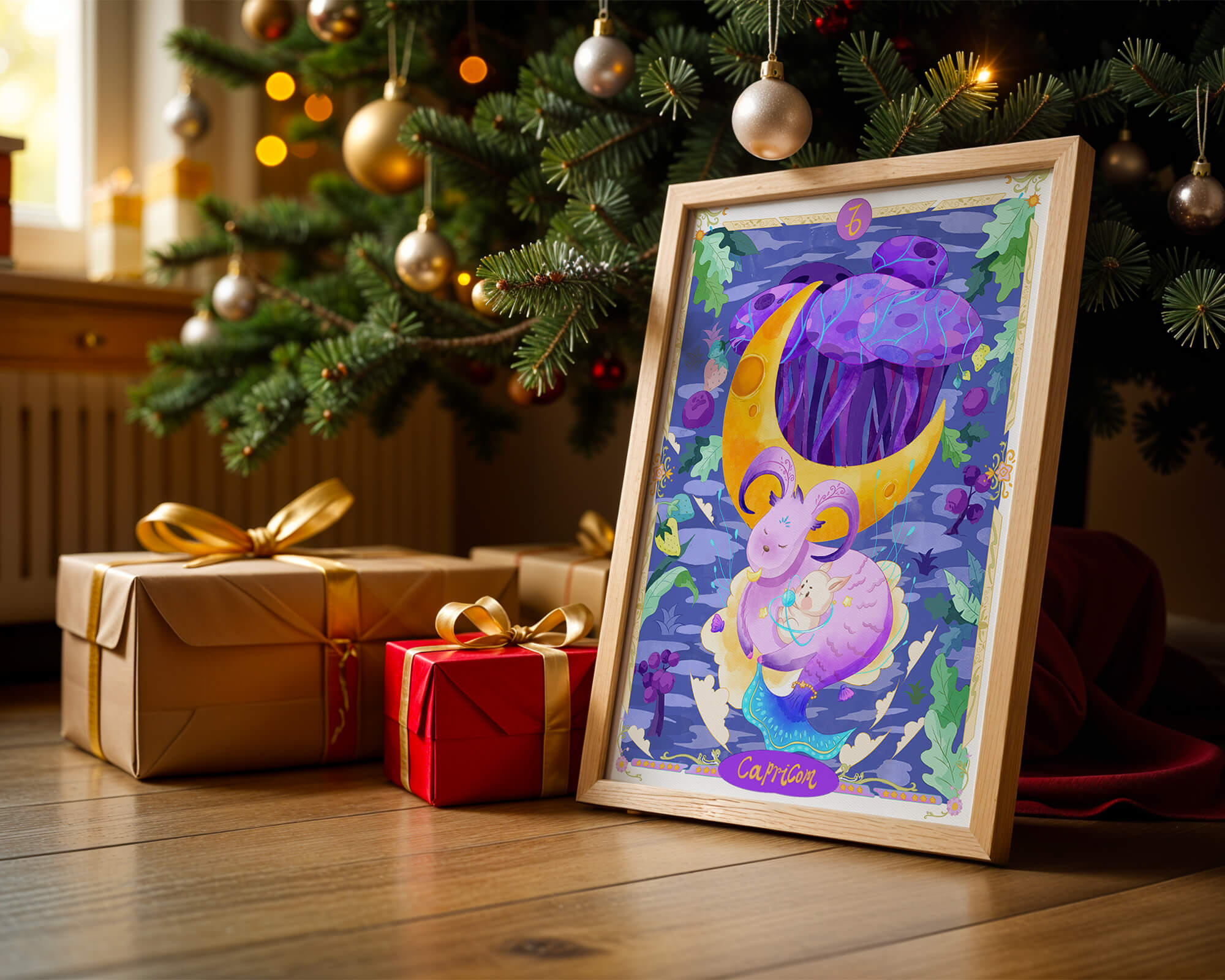 Colorful Capricorn zodiac illustration with fantasy elements