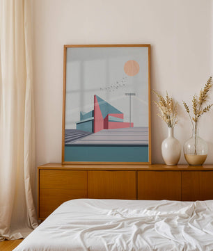 Ilustración arquitectónica moderna con diseño geométrico y atardecer