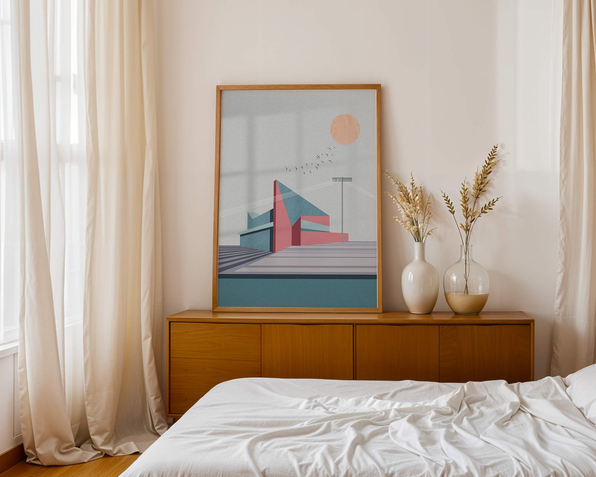 Ilustración arquitectónica moderna con diseño geométrico y atardecer