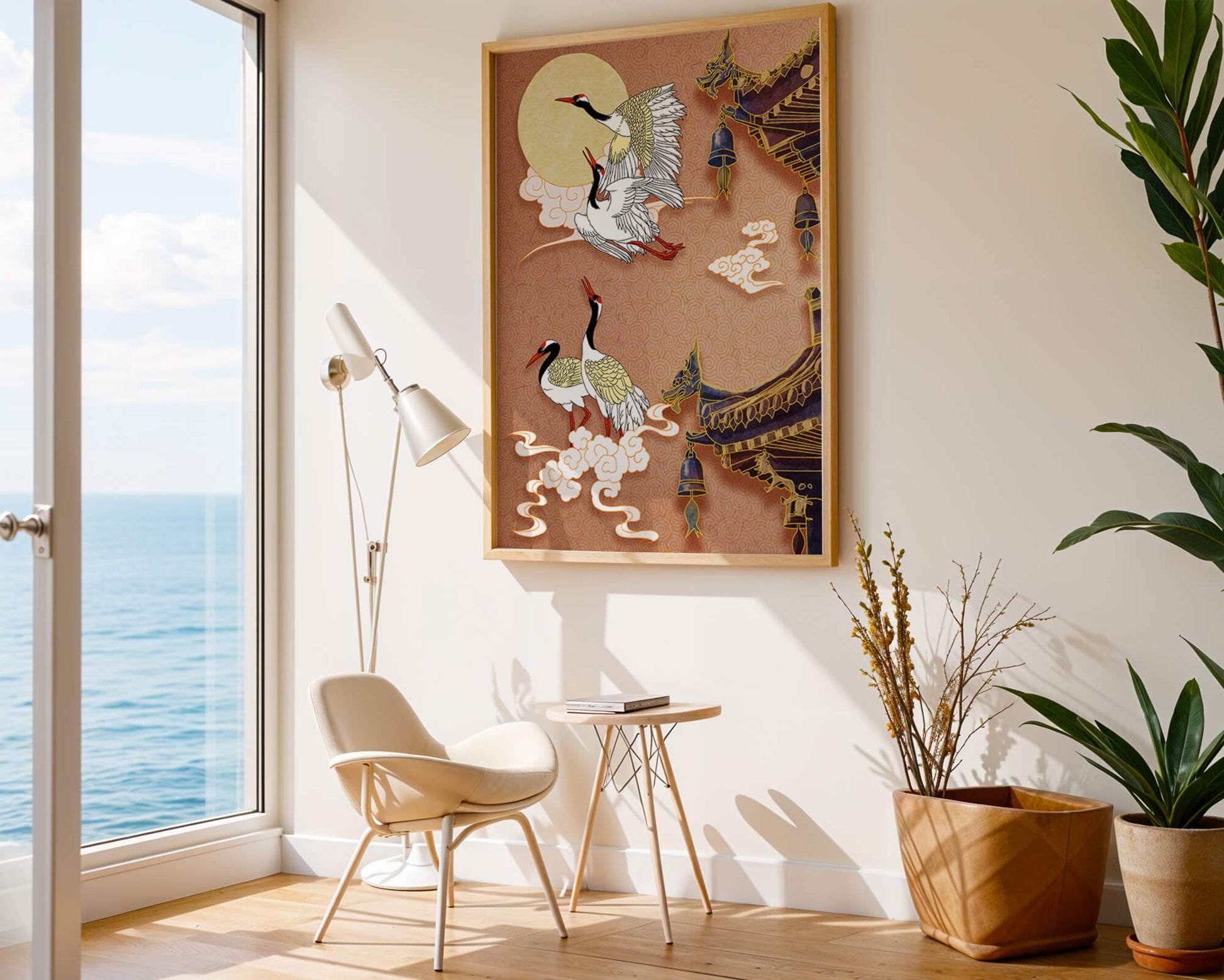 Oriental crane art with golden accents and architectural design