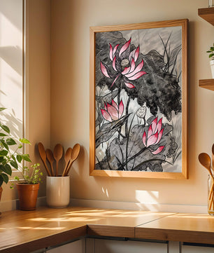 Illustration complexe de fleurs de lotus roses avec des feuilles