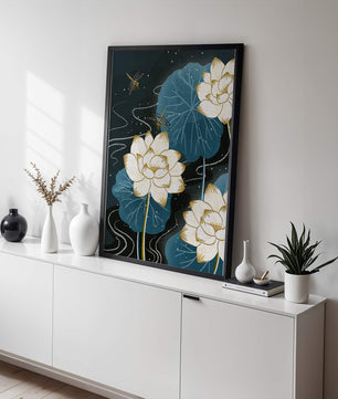 Elegant lotus flowers with dragonflies on a starry night background
