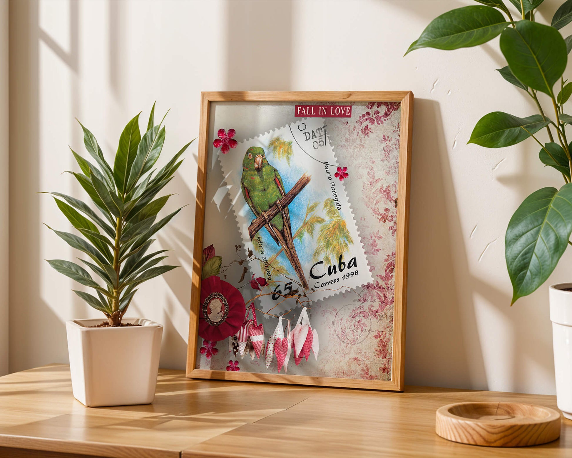 Vintage Cuban parrot stamp with romantic decorations