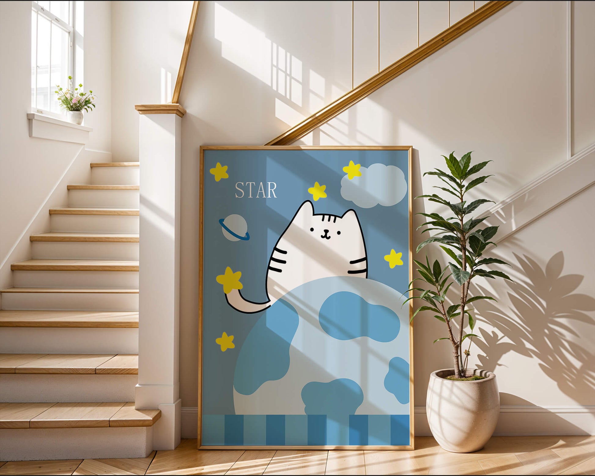 Illustration of a cute cat in space with stars and planets