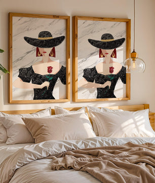 Elegante Frau mit stilvollem schwarzen Hut und roter Rose