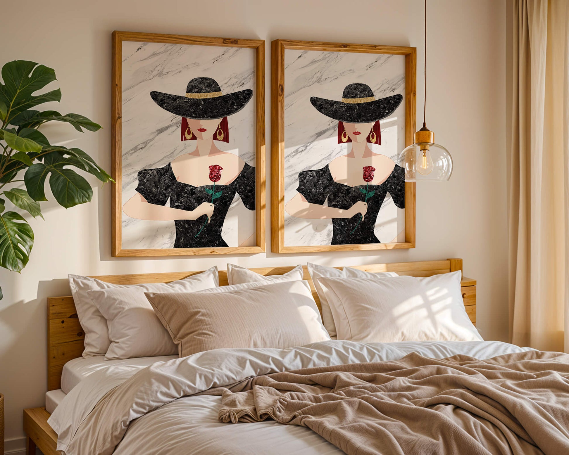 Elegante Frau mit stilvollem schwarzen Hut und roter Rose