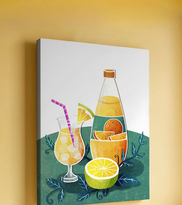 Colorful illustration of citrus drinks with bottle and glass
