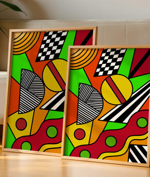 Vibrant geometric abstract artwork with bold colors and shapes