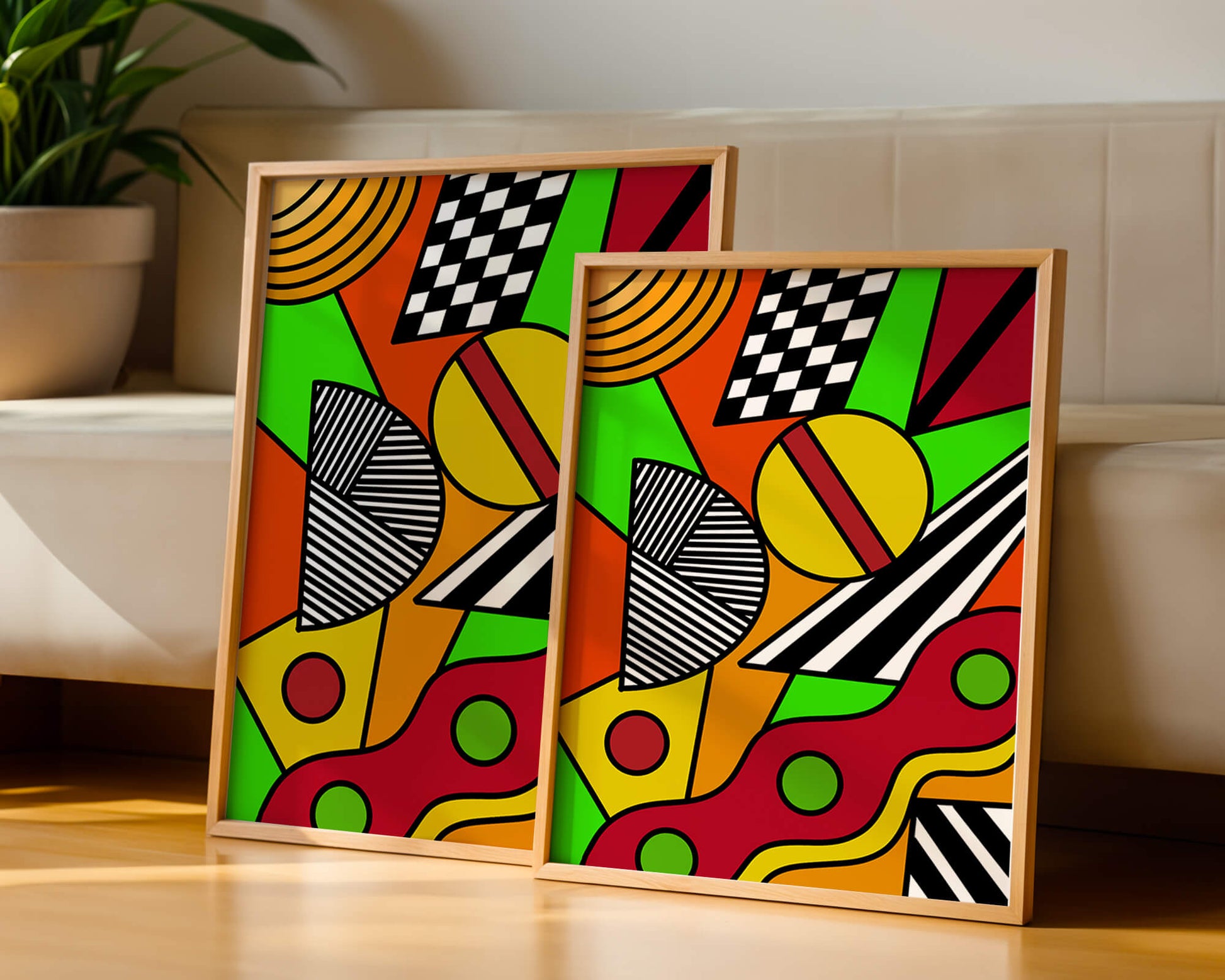 Vibrant geometric abstract artwork with bold colors and shapes