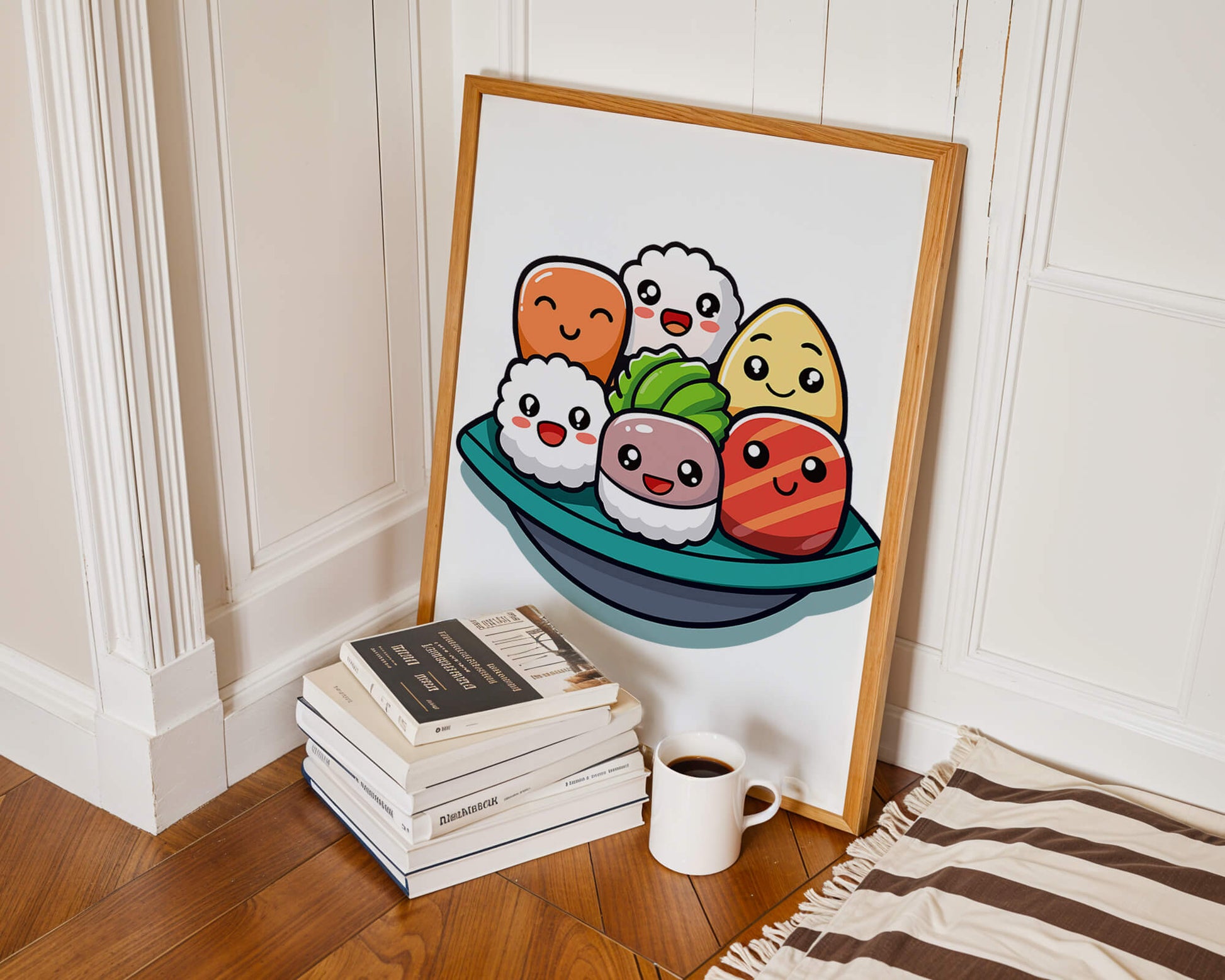 Adorable cartoon sushi characters in a bowl illustration